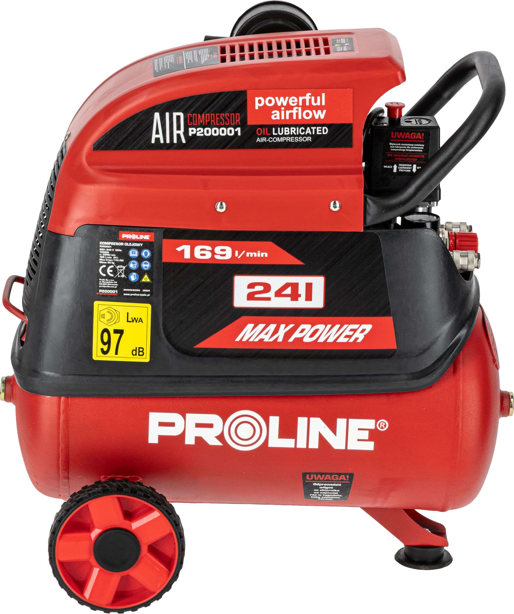 Compresor aer cu ulei 1500 W, 8 bar, 169 l/min, rezervor 24L PROLINE P200001