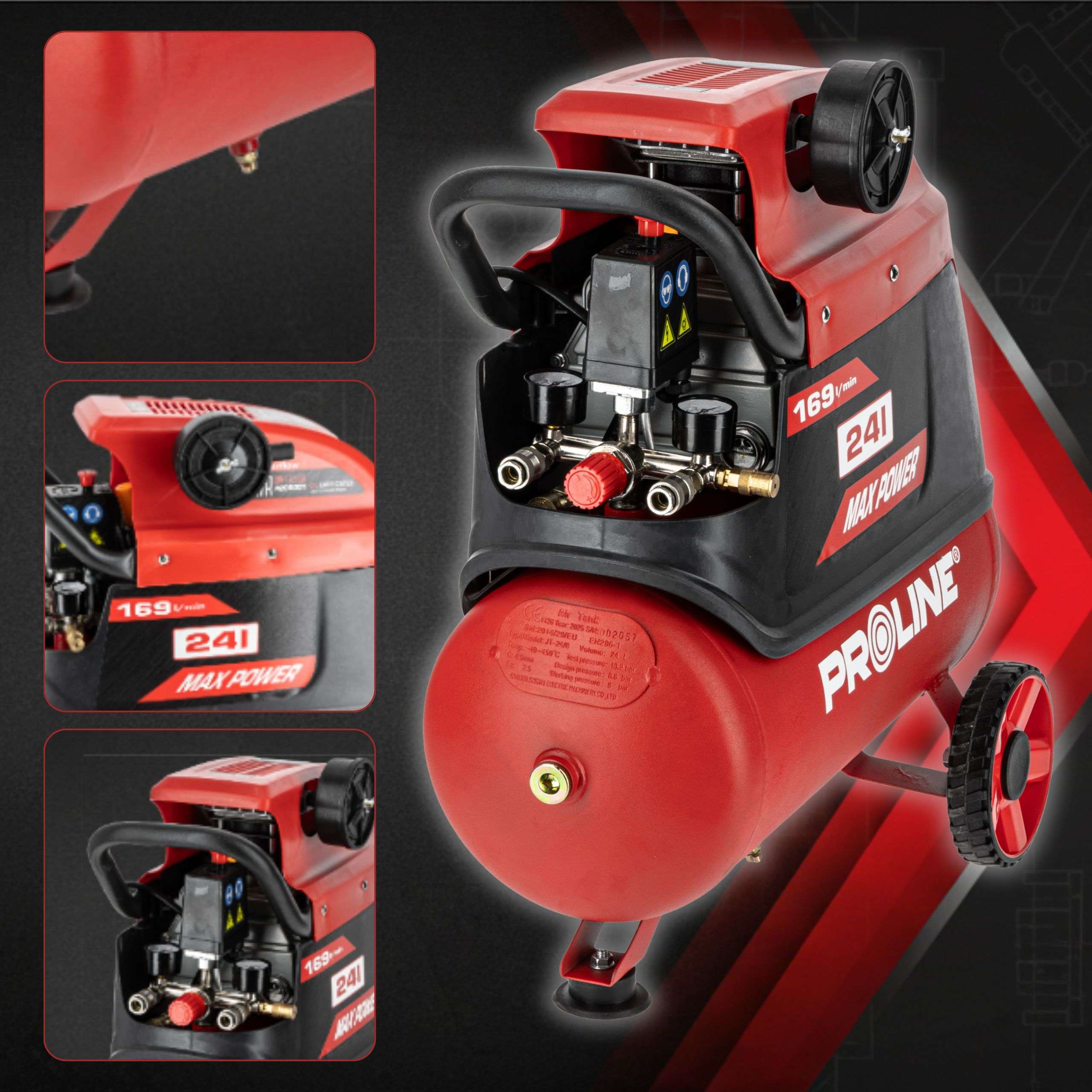 Compresor aer cu ulei 1500 W, 8 bar, 169 l/min, rezervor 24L PROLINE P200001