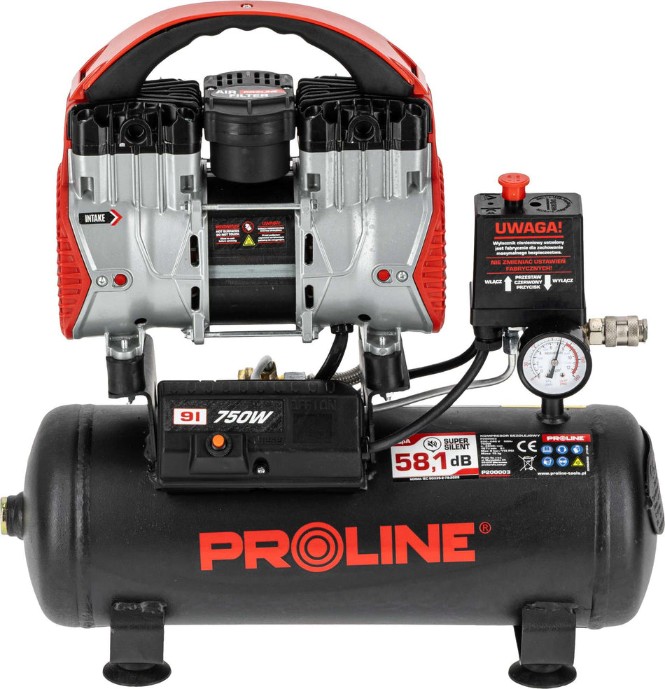 Compresor aer fără ulei, 750 W, 167 L/min, 8 bar, rezervor 9 L, super silențios PROLINE P200003