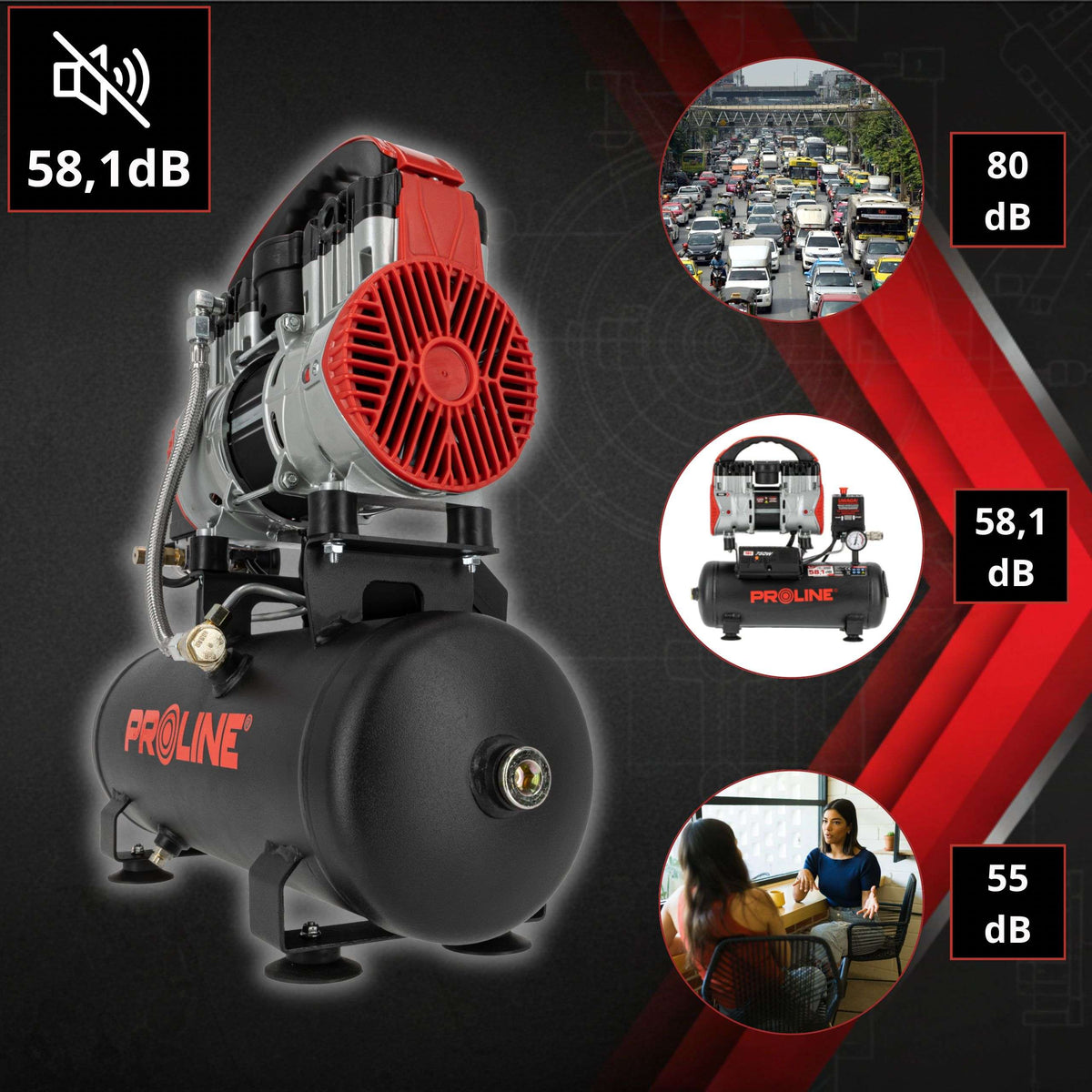 Compresor aer fără ulei, 750 W, 167 L/min, 8 bar, rezervor 9 L, super silențios PROLINE P200003