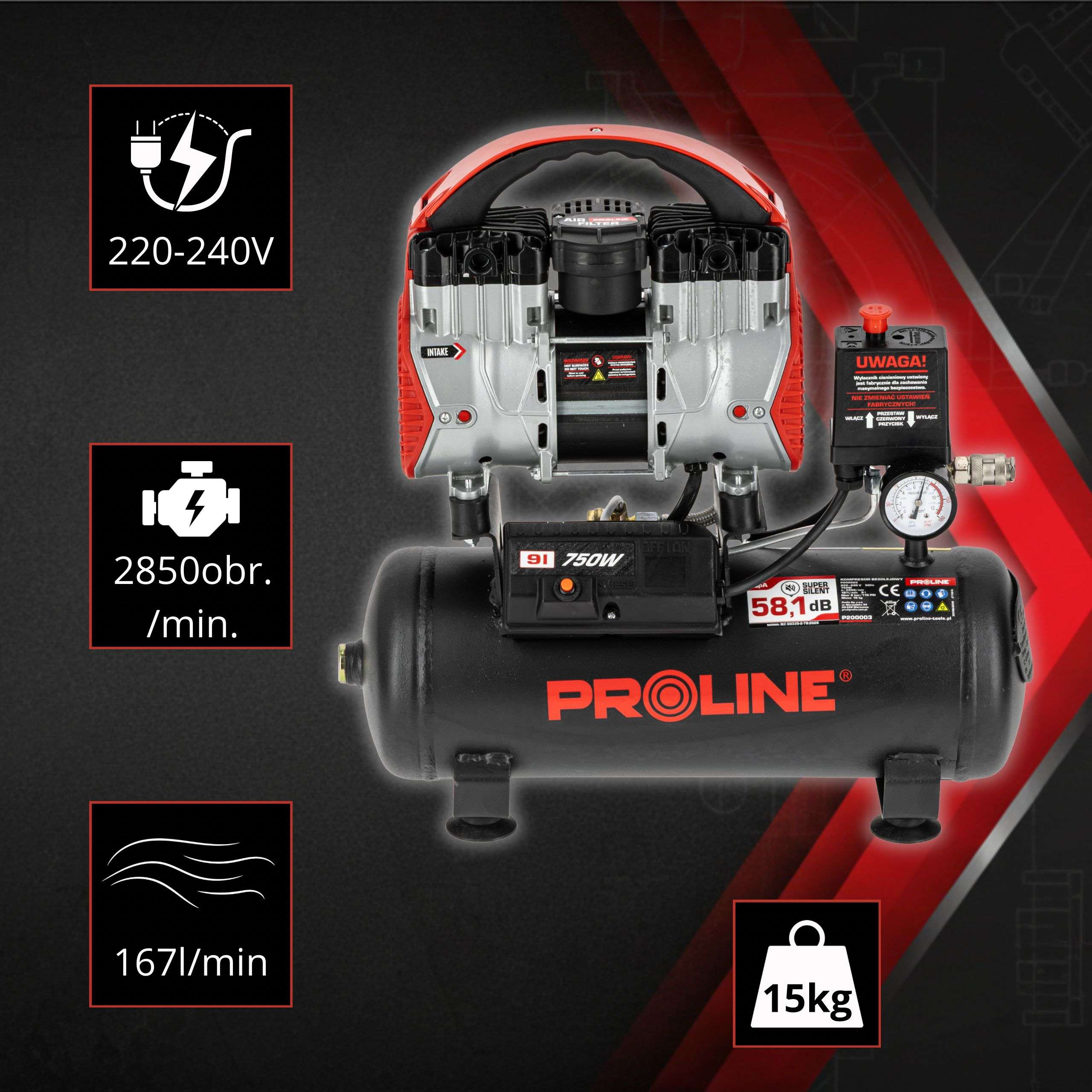 Compresor aer fără ulei, 750 W, 167 L/min, 8 bar, rezervor 9 L, super silențios PROLINE P200003