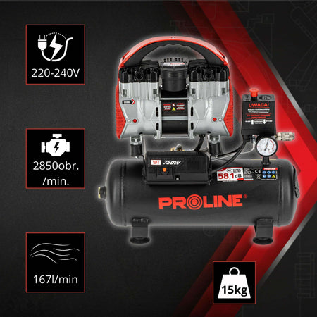 Compresor aer fără ulei, 750 W, 167 L/min, 8 bar, rezervor 9 L, super silențios PROLINE P200003