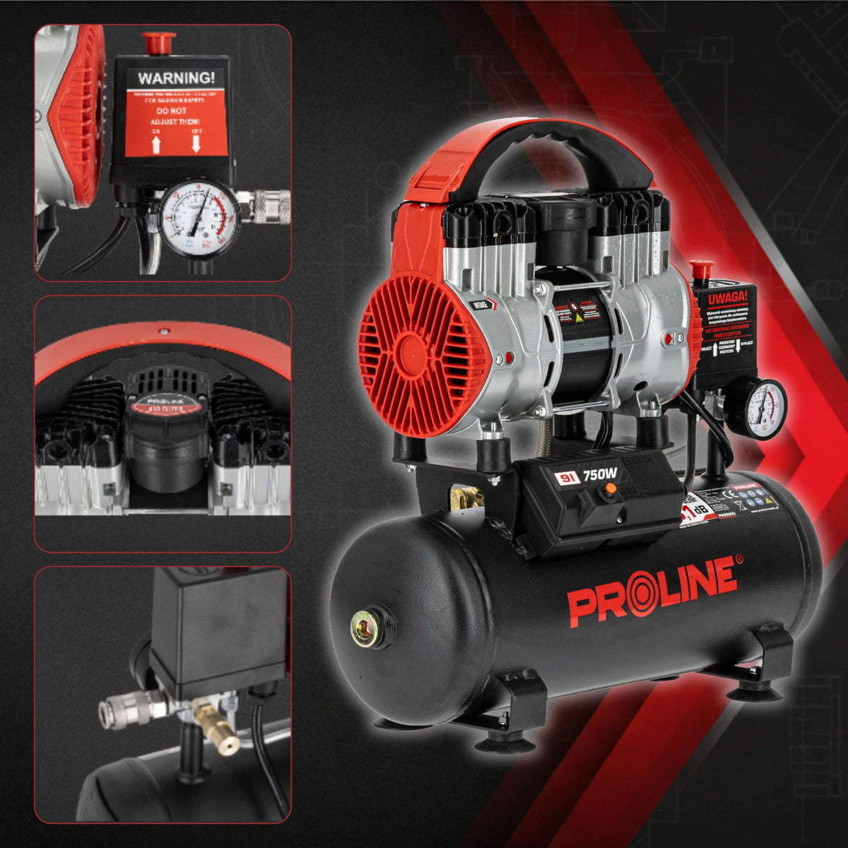 Compresor aer fără ulei, 750 W, 167 L/min, 8 bar, rezervor 9 L, super silențios PROLINE P200003