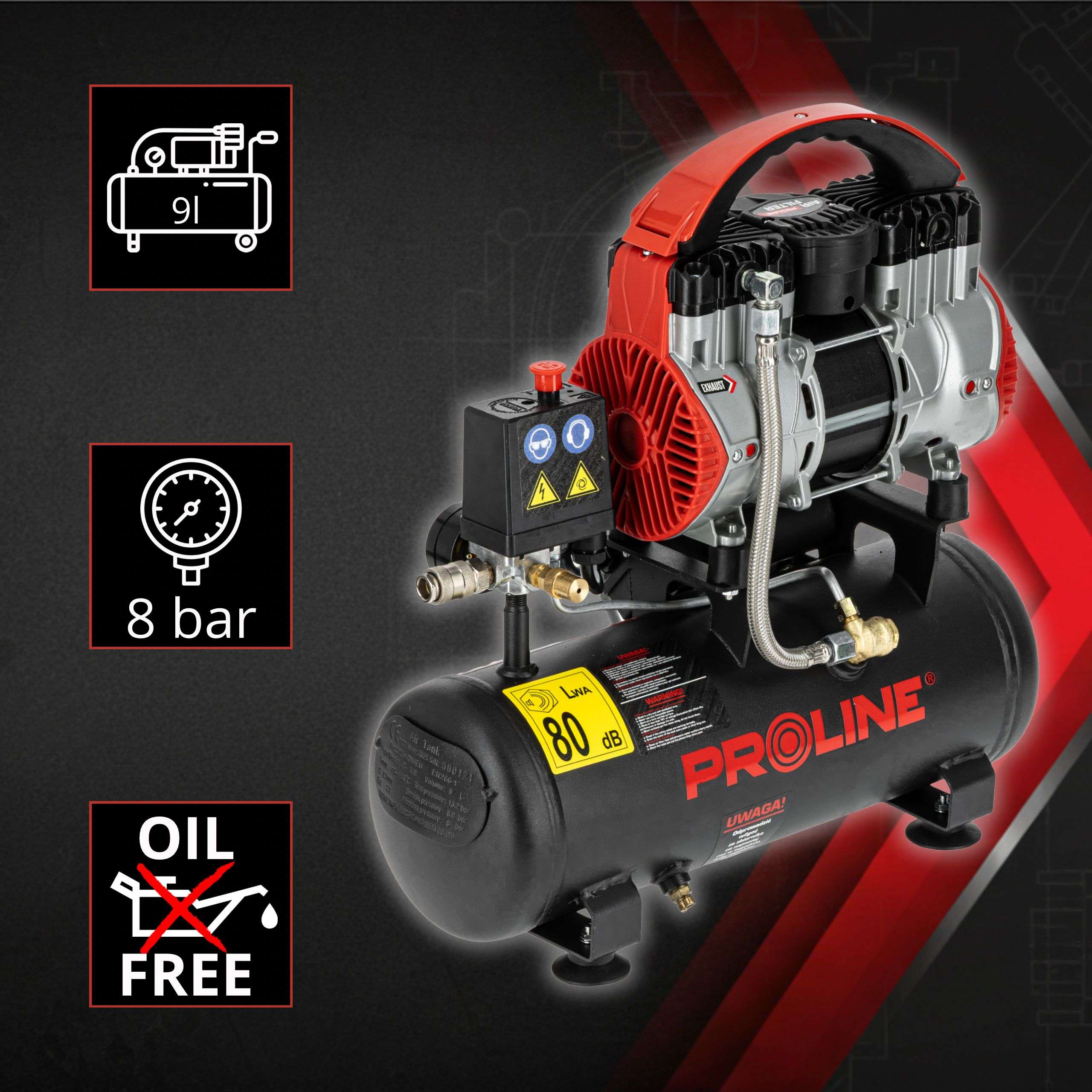 Compresor aer fără ulei, 750 W, 167 L/min, 8 bar, rezervor 9 L, super silențios PROLINE P200003