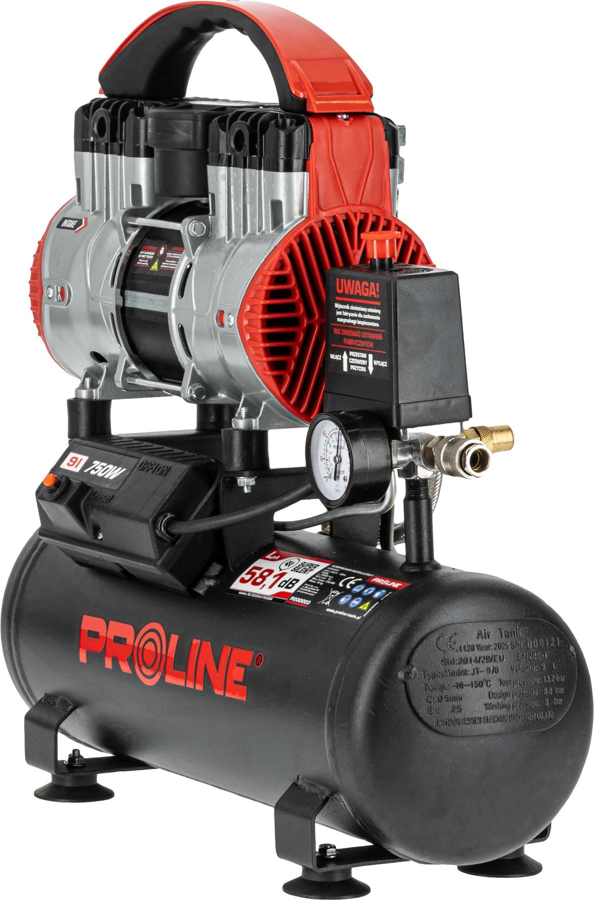 Compresor aer fără ulei, 750 W, 167 L/min, 8 bar, rezervor 9 L, super silențios PROLINE P200003