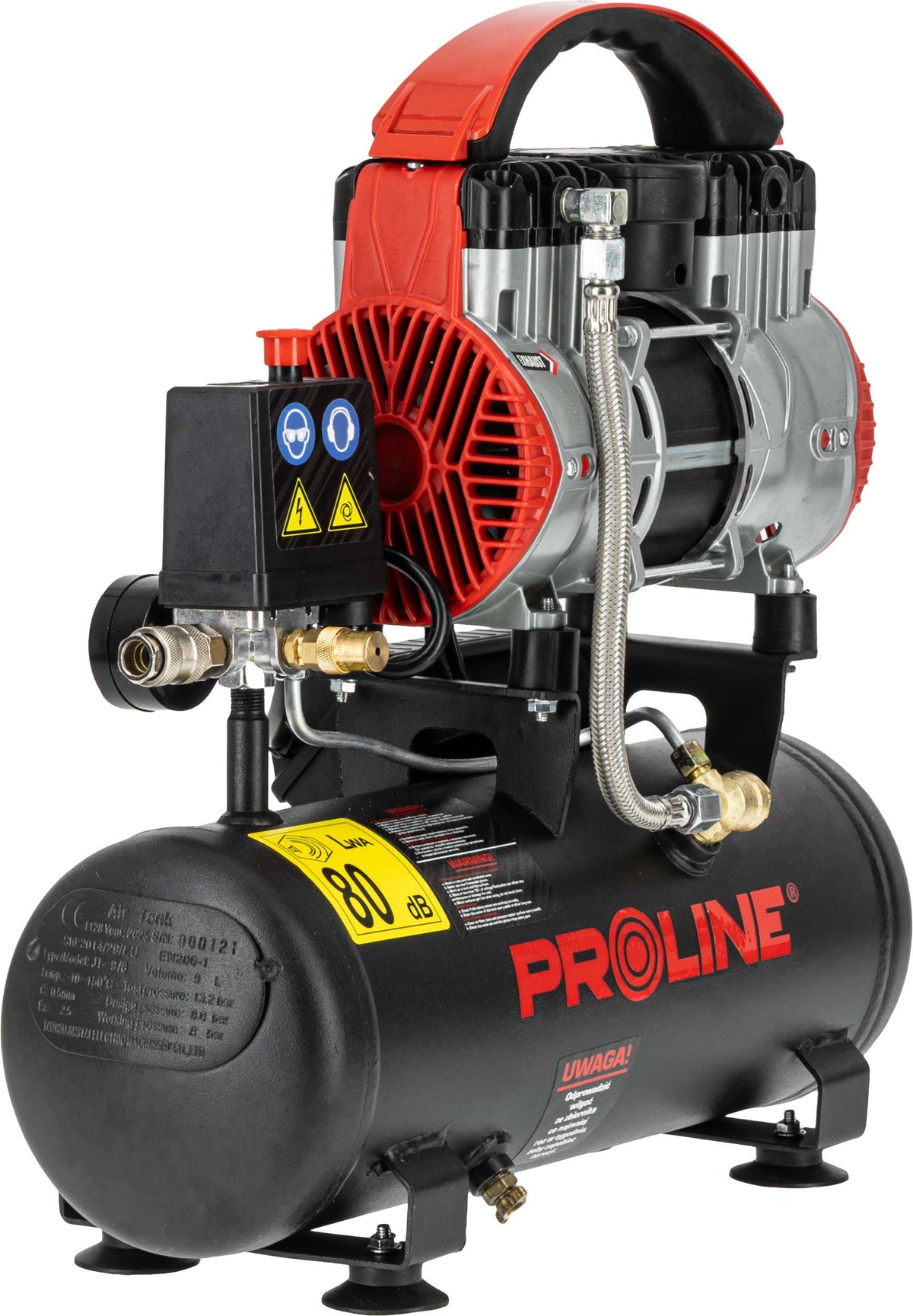 Compresor aer fără ulei, 750 W, 167 L/min, 8 bar, rezervor 9 L, super silențios PROLINE P200003