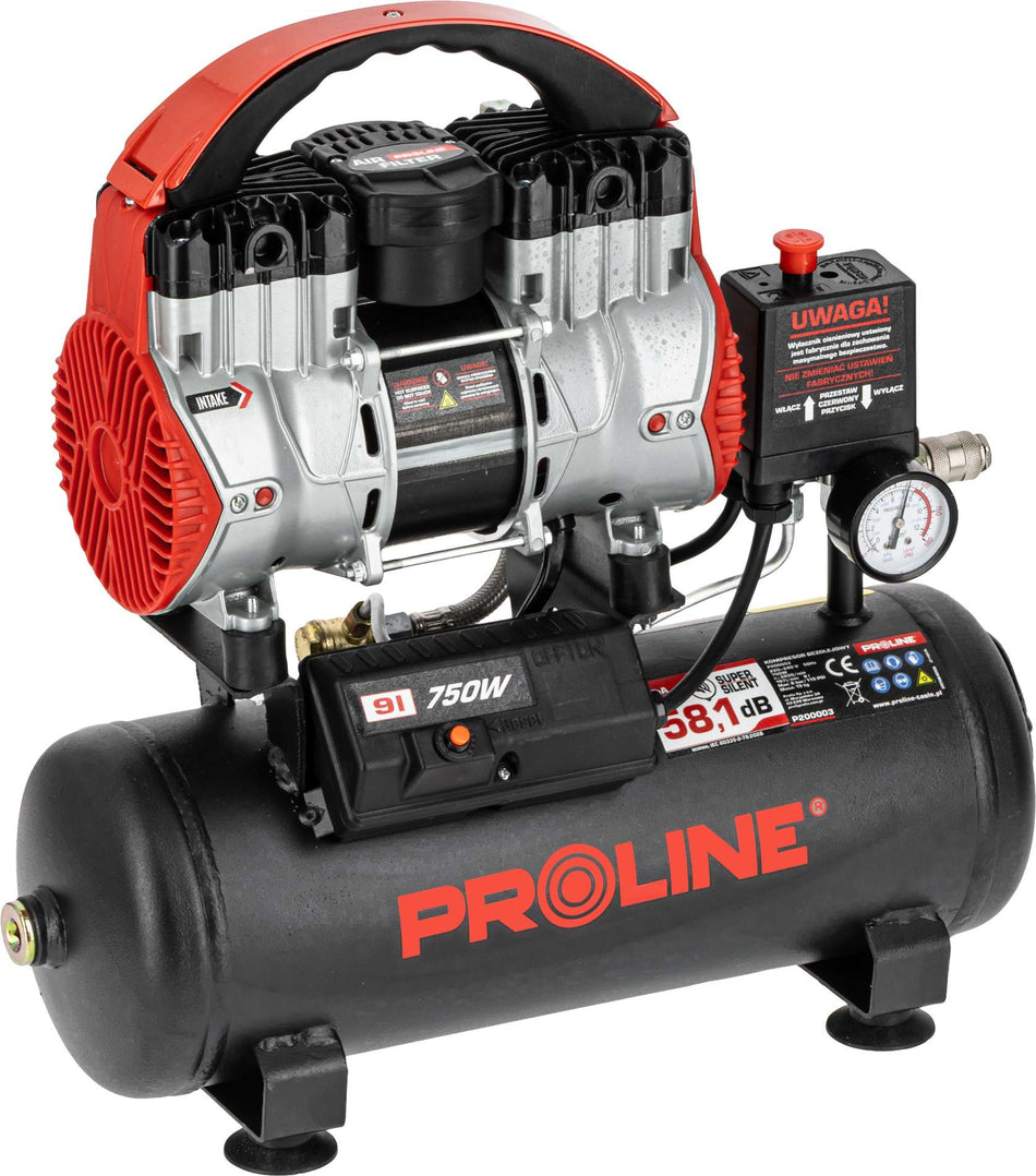 Compresor aer fără ulei, 750 W, 167 L/min, 8 bar, rezervor 9 L, super silențios PROLINE P200003