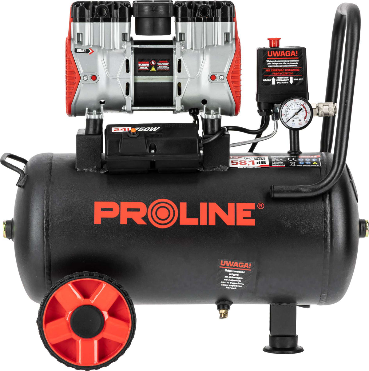 Compresor aer fără ulei, 750 W, 8 bar, 167 L/min, 24 L, silențios PROLINE P200004