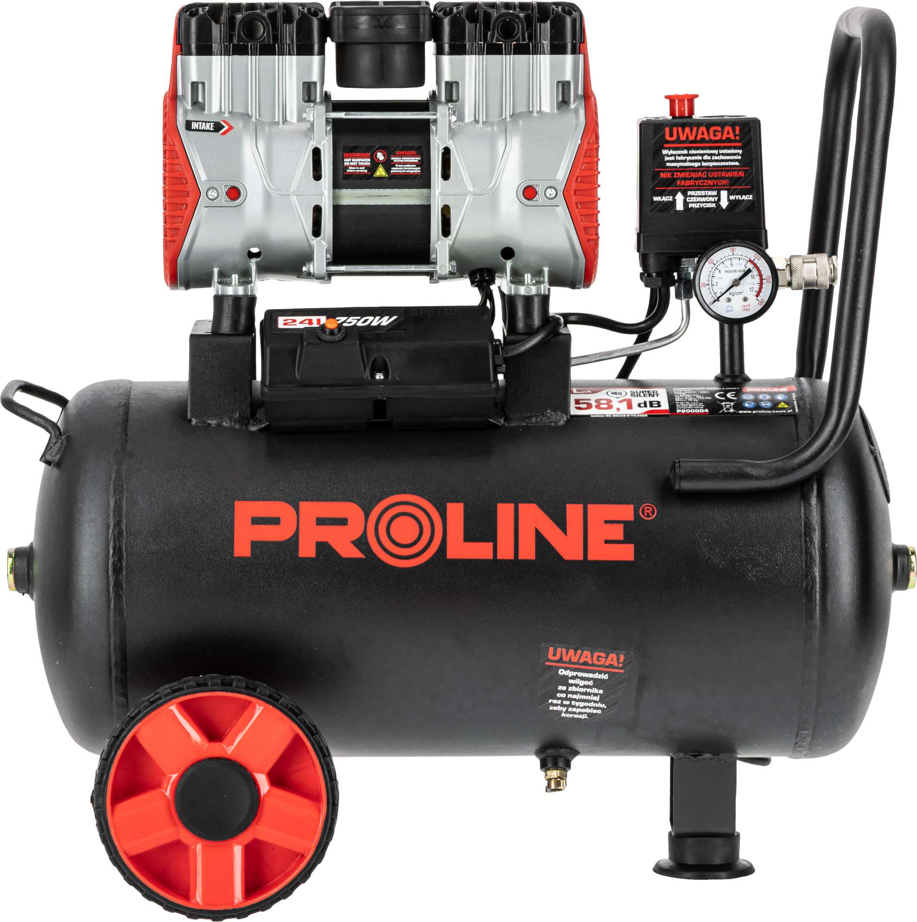 Compresor aer fără ulei, 750 W, 8 bar, 167 L/min, 24 L, silențios PROLINE P200004