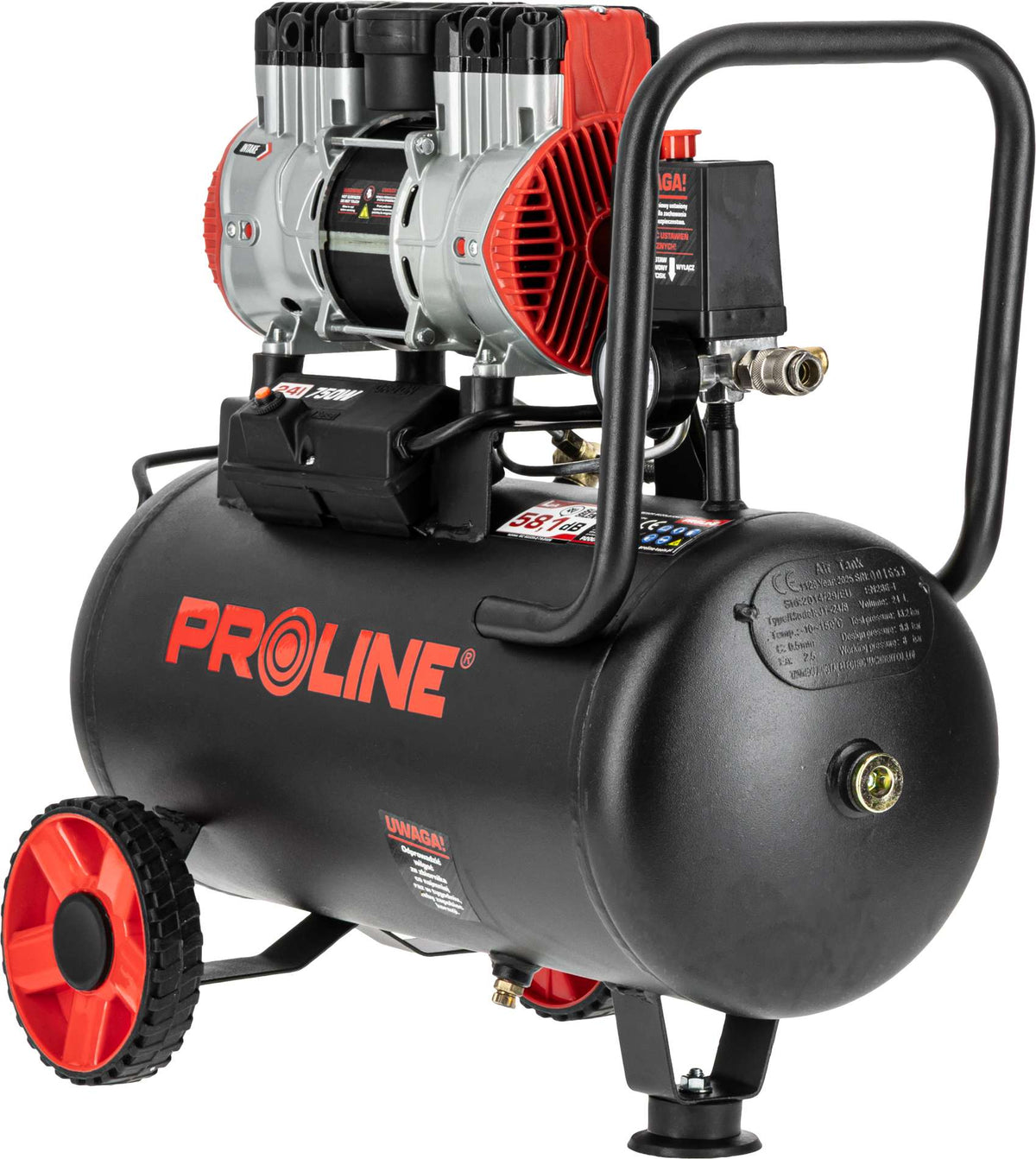 Compresor aer fără ulei, 750 W, 8 bar, 167 L/min, 24 L, silențios PROLINE P200004