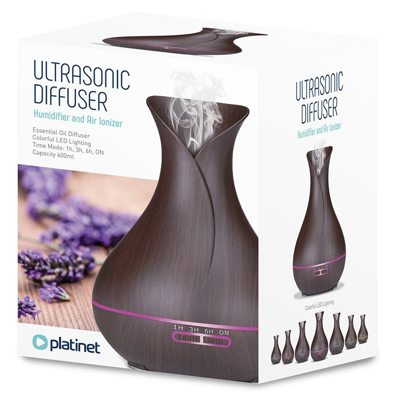 Difuzor de uleiuri esențiale cu umidificator cu ultrasunete și ionizator, 400 ml cu iluminare LED Platinet PADYM010DW