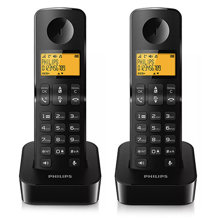 Telefon DECT D2602 negru cu ecran iluminat, set 2 bucăți Philips PH-D2602B/53
