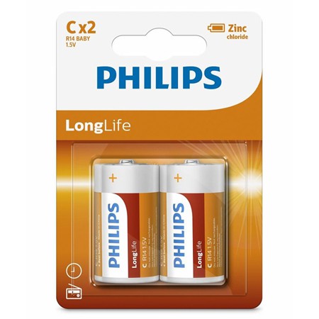 Set de 2 baterii R14 C LongLife de 1,5 V cu clorură de zinc Philips PH-R14L2B/10