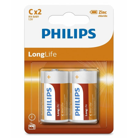 Set de 2 baterii R14 C LongLife de 1,5 V cu clorură de zinc Philips PH-R14L2B/10