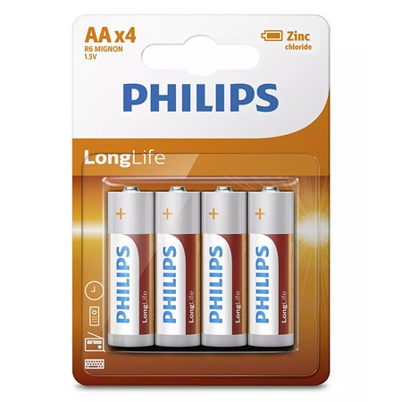 Set de baterii AA R6 LongLife cu clorură de zinc, 1,5 V și 4 bucăți Philips PH-R6L4B/10