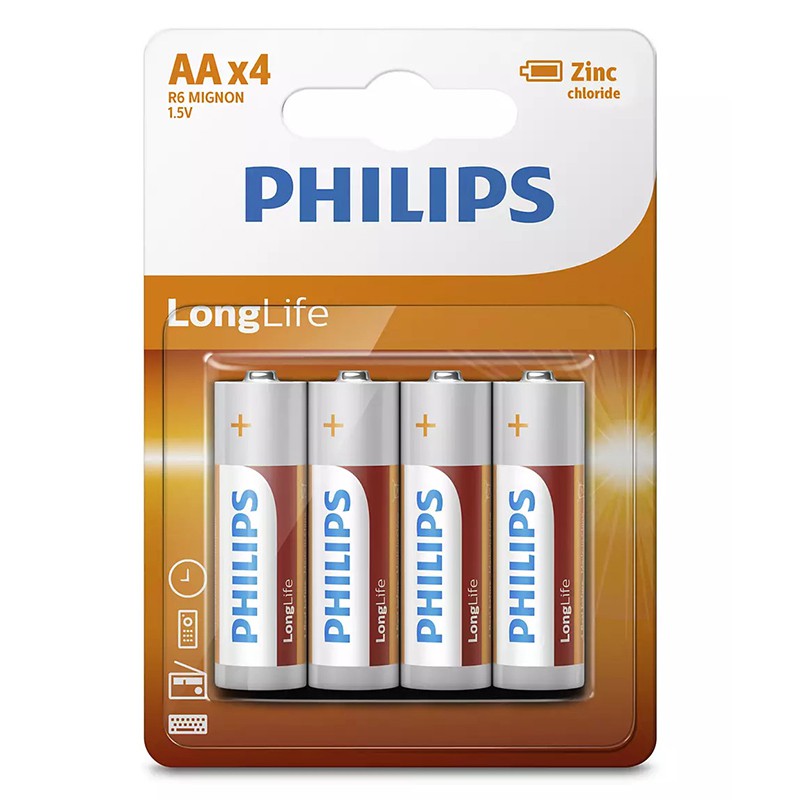 Set de baterii AA R6 LongLife cu clorură de zinc, 1,5 V și 4 bucăți Philips PH-R6L4B/10