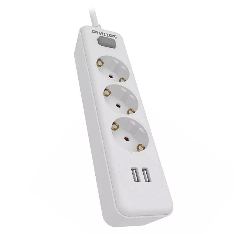 Prelungitor cu 3 prize și 2 porturi USB cu cablu de 2 m și întrerupător Philips PH-SPN3032WA