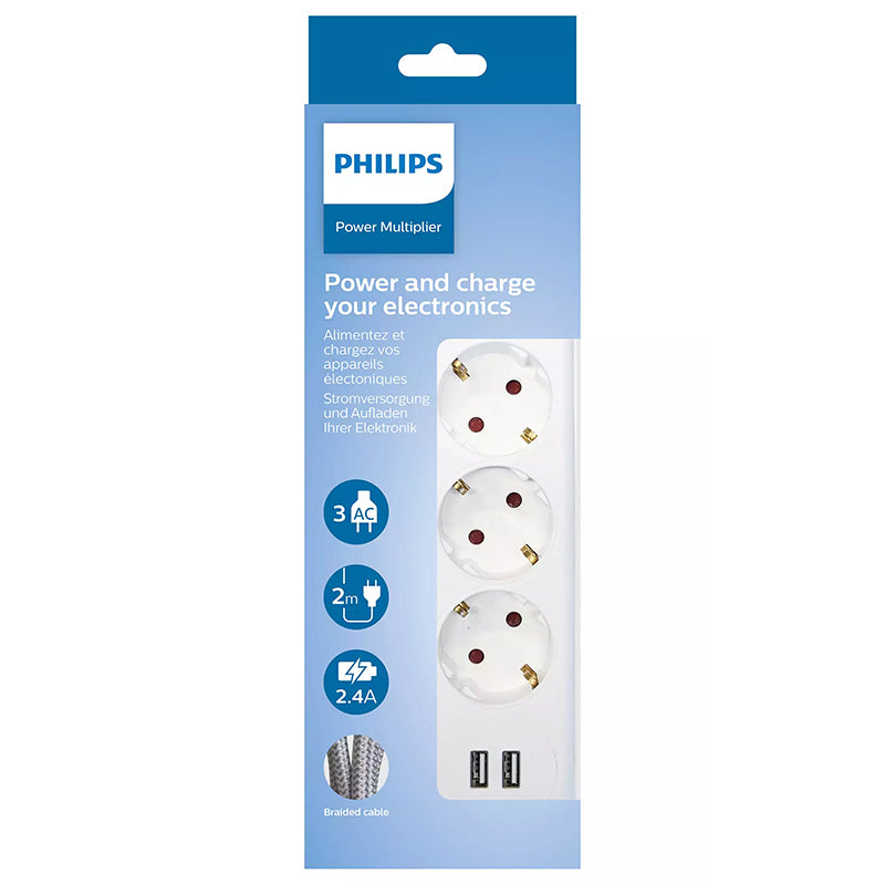 Prelungitor cu 3 prize și 2 porturi USB cu cablu de 2 m și întrerupător Philips PH-SPN3032WA