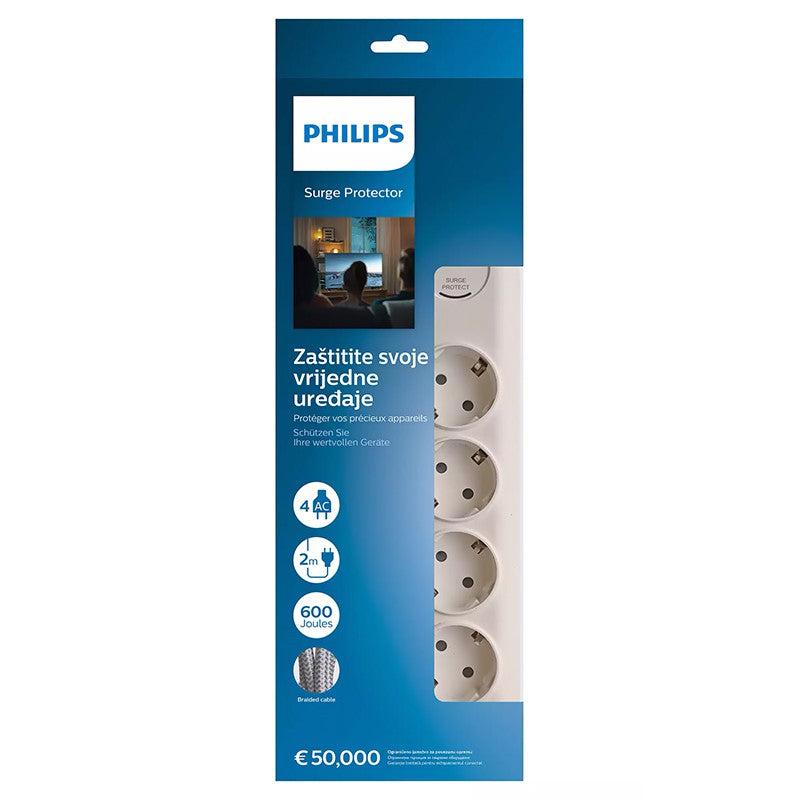 Prelungitor cu protecție la supratensiune cu 4 prize Schuko și cablu de 2 m Philips PH-SPN7040WA