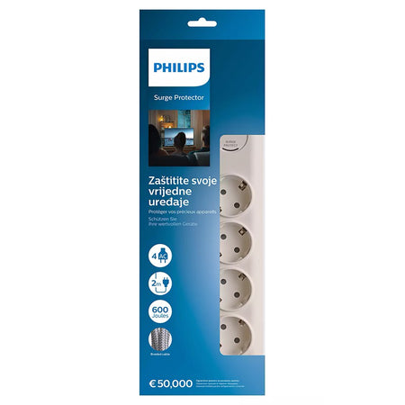 Prelungitor cu protecție la supratensiune cu 4 prize Schuko și cablu de 2 m Philips PH-SPN7040WA