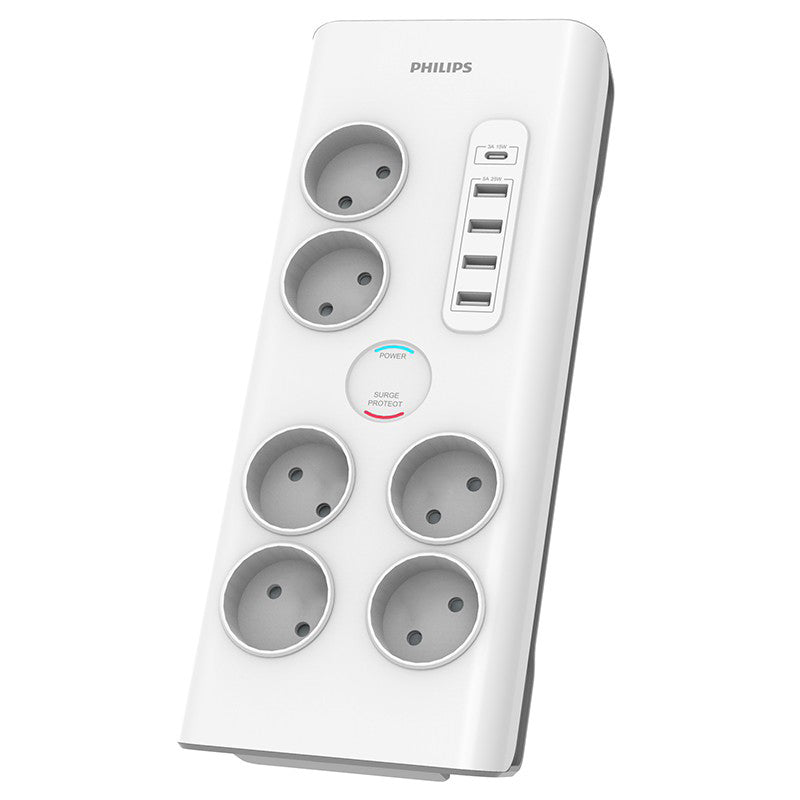 Prelungitor cu protecție la supratensiune cu 6 prize Schuko și 5 porturi USB cu cablu de 2 m Philips PH-SPN7060WA