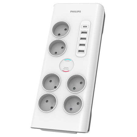 Prelungitor cu protecție la supratensiune cu 6 prize Schuko și 5 porturi USB cu cablu de 2 m Philips PH-SPN7060WA