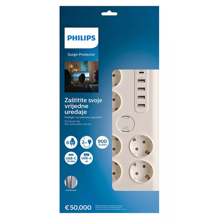 Prelungitor cu protecție la supratensiune cu 6 prize Schuko și 5 porturi USB cu cablu de 2 m Philips PH-SPN7060WA