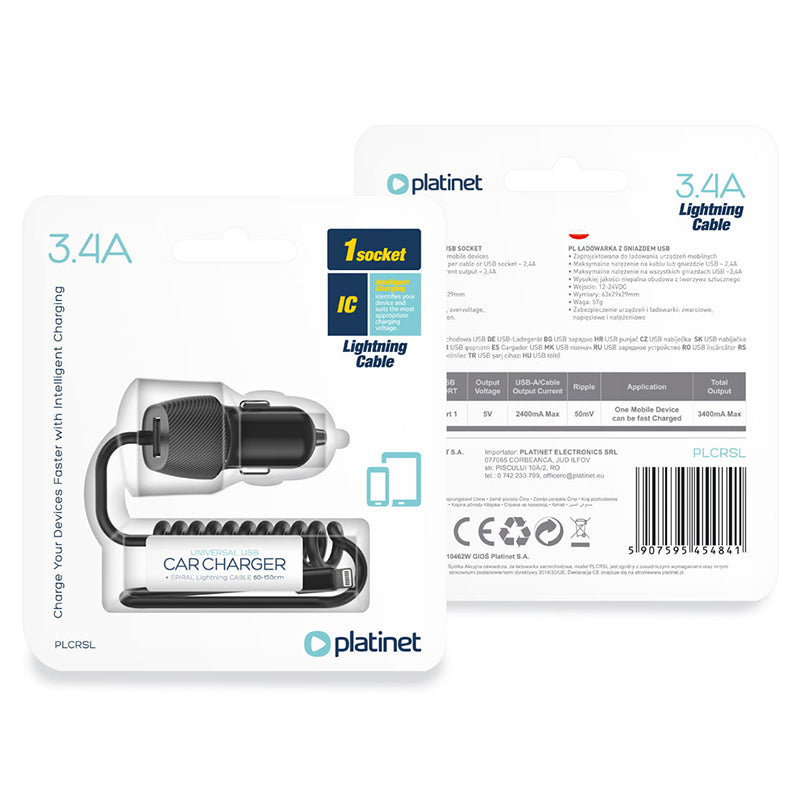 Încărcător auto cu cablu spiralat Lightning 3,4 A PLCRSL