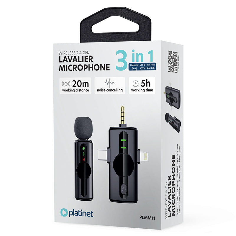 Set microfon lavalieră wireless 2,4 GHz cu anularea zgomotului și receptori 3 în 1 Platinet PLMM11