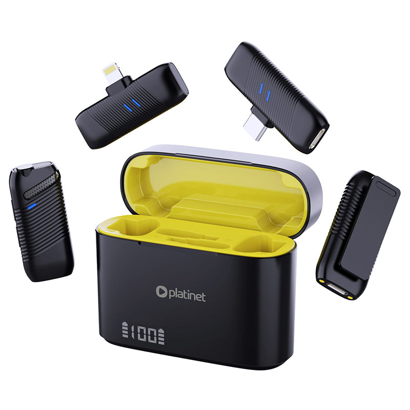 Set microfon wireless lavalieră cu 2 emițătoare și receptoare Type-C și Lightning Platinet PLMM30