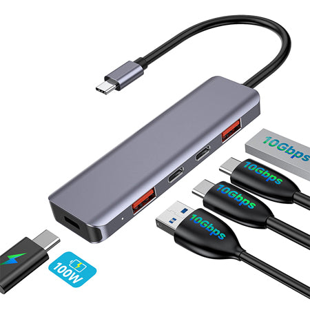 Hub USB-C 5-în-1 cu transfer de 10 Gbps și încărcare PD 100 W din aluminiu Platinet PMH28