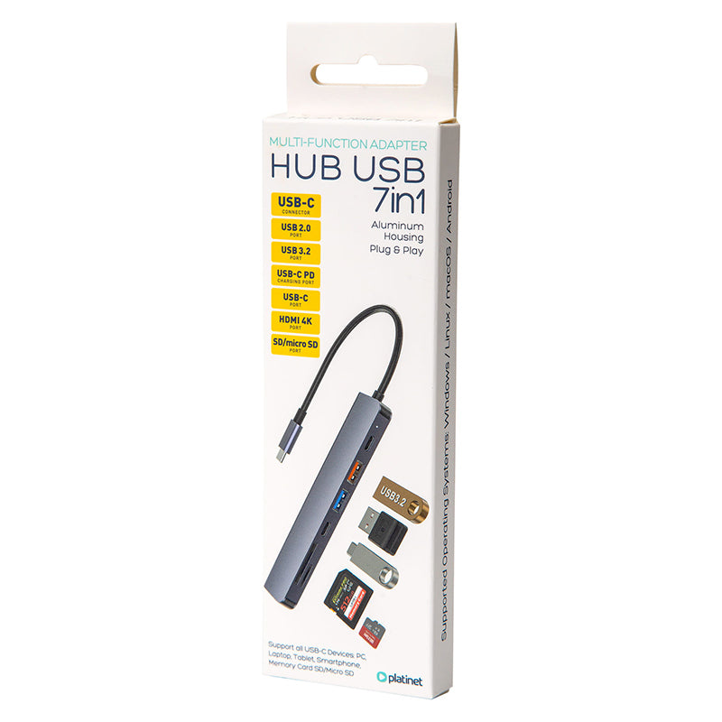 Hub USB-C 7 în 1 cu HDMI 4K și încărcare PD 100 W din aluminiu Platinet PMH9997B