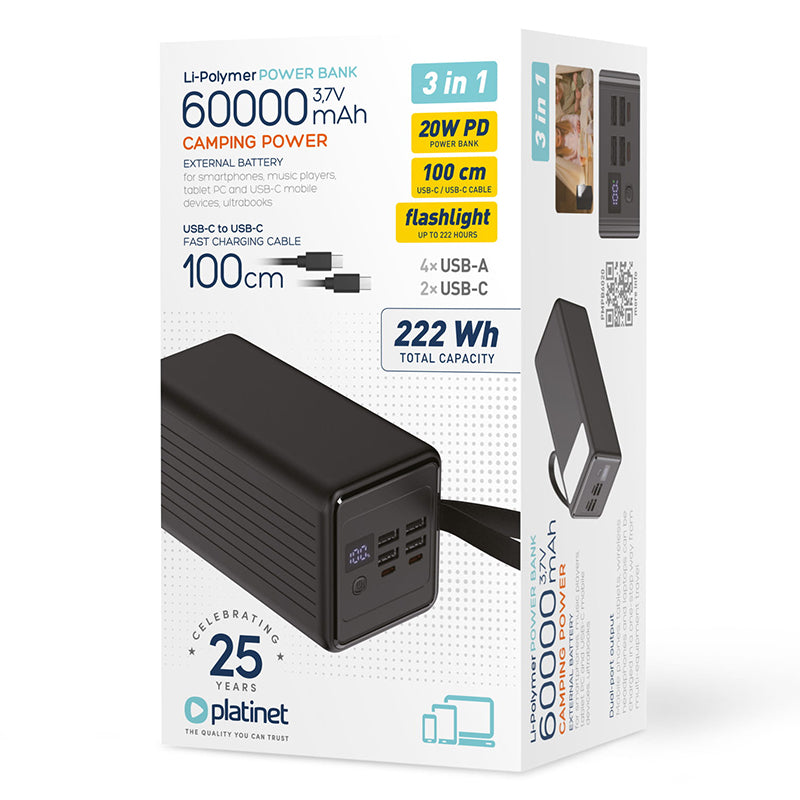 Baterie externă 60000 mAh cu încărcare rapidă 20 W PD și afișaj digital Platinet PMPB6020