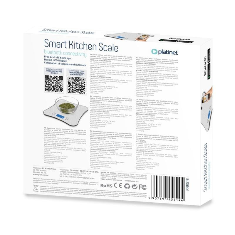 Cântar inteligent de bucătărie cu Bluetooth și capacitate de 5 kg Platinet PNKS18