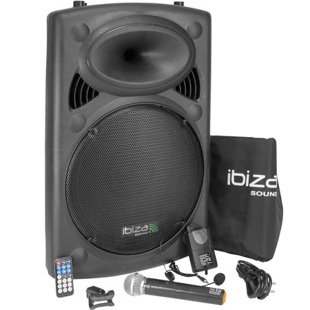 Boxă portabilă de 38 cm și 800 W cu Bluetooth și 2 microfoane wireless Ibiza Sound PORT15VHF-BT