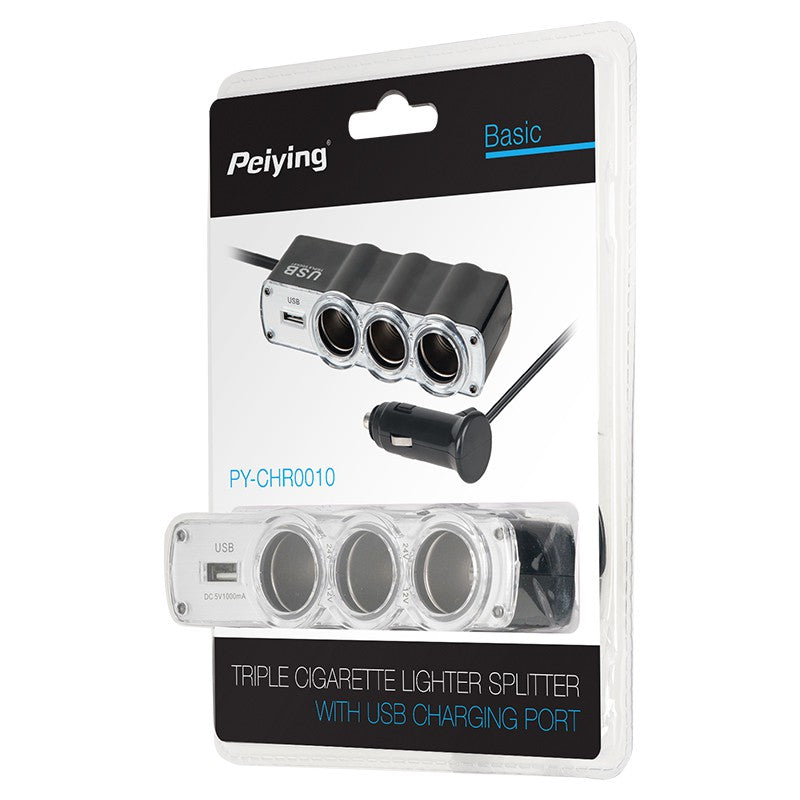 Splitter brichetă auto cu 3 prize 12V/24V și port USB Peiying PY-CHR0010