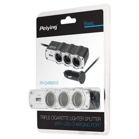 Splitter brichetă auto cu 3 prize 12V/24V și port USB Peiying PY-CHR0010
