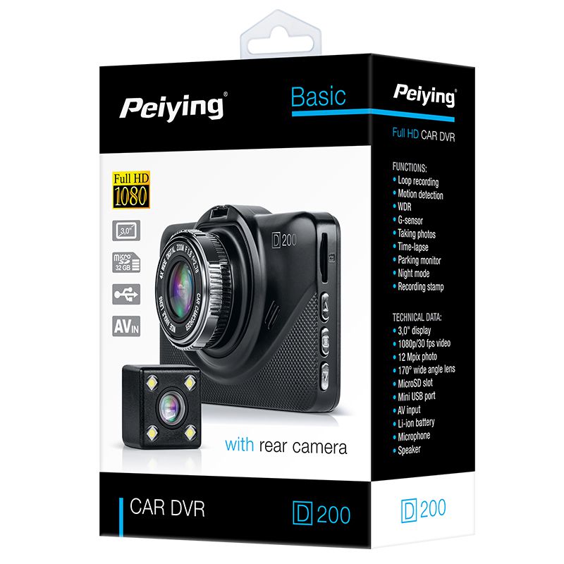 Cameră auto DVR D200 cu ecran de 3,0" și cameră spate Full HD 1080p Peiying PY-DVR010