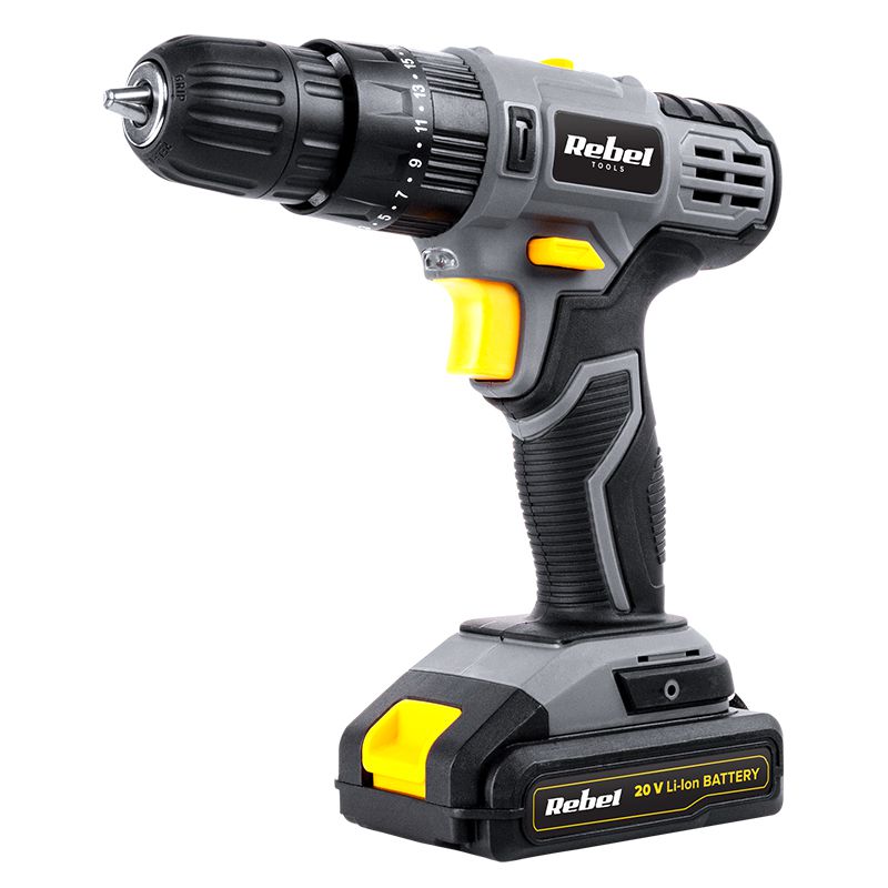 Mașină de găurit și înșurubat cu acumulator 20 V de 2 Ah Li-Ion cu cuplu de 30 Nm Rebel RB-1002