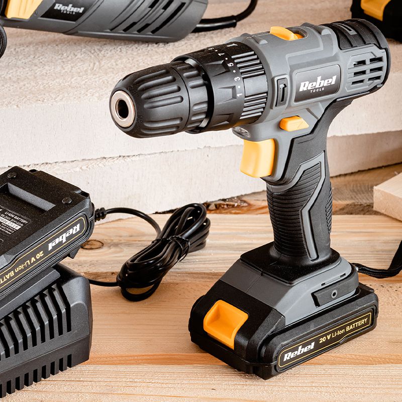 Mașină de găurit și înșurubat cu acumulator 20 V de 2 Ah Li-Ion cu cuplu de 30 Nm Rebel RB-1002