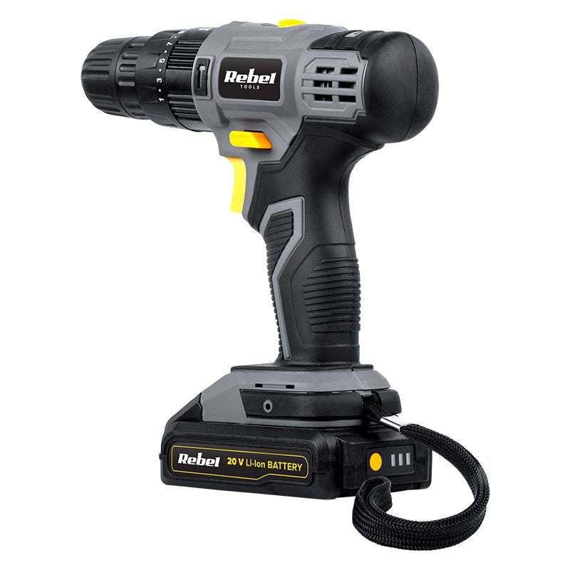 Mașină de găurit și înșurubat cu acumulator 20 V de 2 Ah Li-Ion cu cuplu de 30 Nm Rebel RB-1002