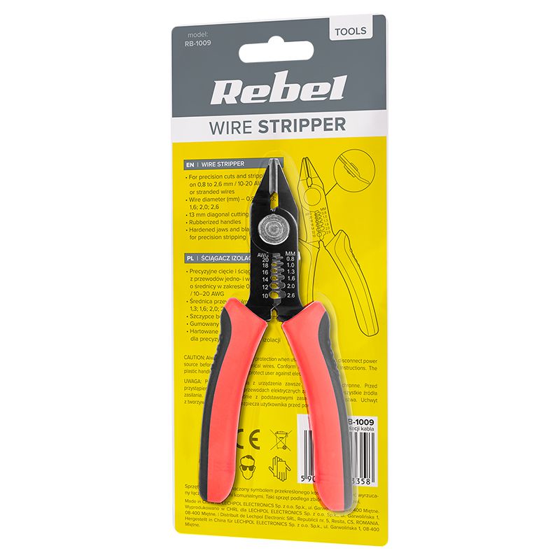 Clește dezizolare cablu cu mânere cauciucate, diametru 0.8-2.6 mm, Rebel RB-1009