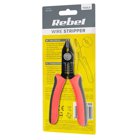 Clește dezizolare cablu cu mânere cauciucate, diametru 0.8-2.6 mm, Rebel RB-1009