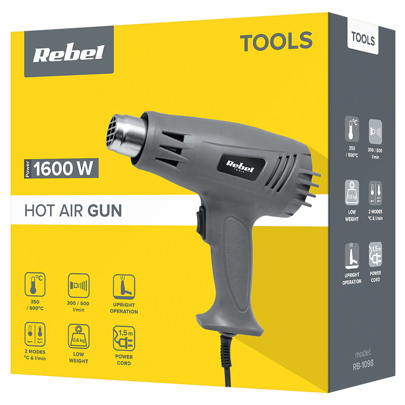 Pistol cu aer cald 1600 W, ergonomic, 2 trepte, Rebel RB-1098