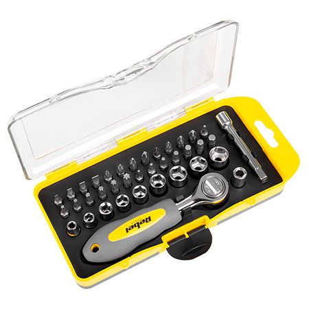 Set biți cu cheie clichet, 38 piese, mâner ergonomic, crom-vanadiu, Rebel RB-1104