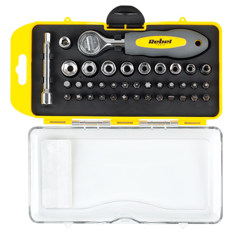 Set biți cu cheie clichet, 38 piese, mâner ergonomic, crom-vanadiu, Rebel RB-1104