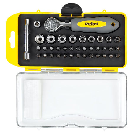 Set biți cu cheie clichet, 38 piese, mâner ergonomic, crom-vanadiu, Rebel RB-1104