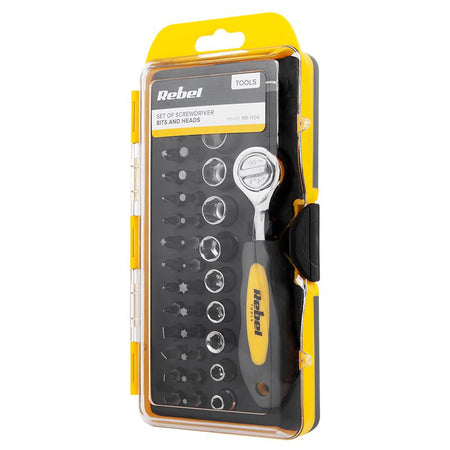Set biți cu cheie clichet, 38 piese, mâner ergonomic, crom-vanadiu, Rebel RB-1104