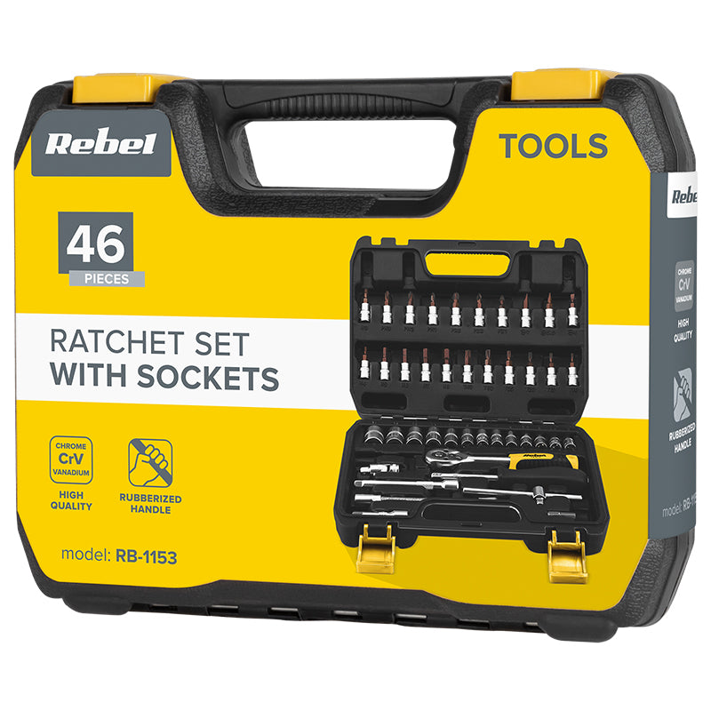 Trusă scule 46 piese, CRV, mâner cauciucat, Rebel RB-1153