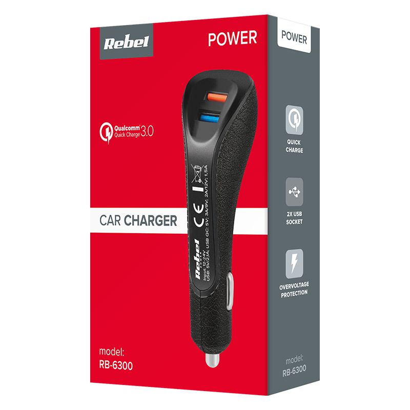Încărcător auto cu 2 porturi USB și încărcare rapidă QC 3.0 Rebel RB-6300